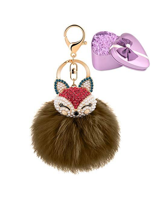 JOUDOO Fluffy Fur Ball Keychain With Gift Box Fox Head Pom Pom Keyring GJ020