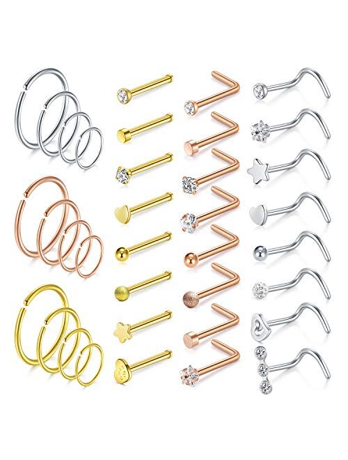 AVYRING 20G Nose Ring Hoop Surgical Steel Nose Studs Screw L-Shaped Nostril Hoops Piercing Jewelry Set for Women Men Girls Nose Rings