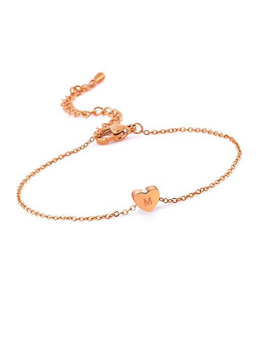 VU100 Dainty Heart Initial Letter Anklet Bracelet, Silver/Gold/Rose Gold Stainless Steel Alphabet Charm for Women Girls Foot Ankle Jewelry Gift