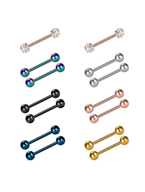 vcmart 14pcs 14G 12-18mm Tongue Rings Nipple Straight Barbells Surgical Steel Body Piercing Jewelry