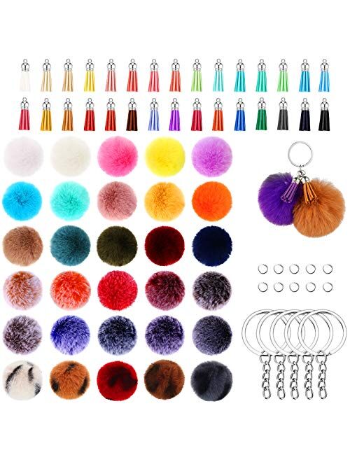 150 Pieces Pom Pom Keychain Fluffy Faux Fur Pompoms Keychain with Tassels and Keyrings for Bag Charm Accessories