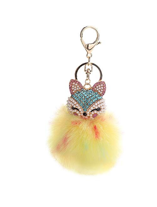 HXINFU Real Rabbit Fur Pom Pom Ball Keychain Fox Head Fluffy Ball Keychain