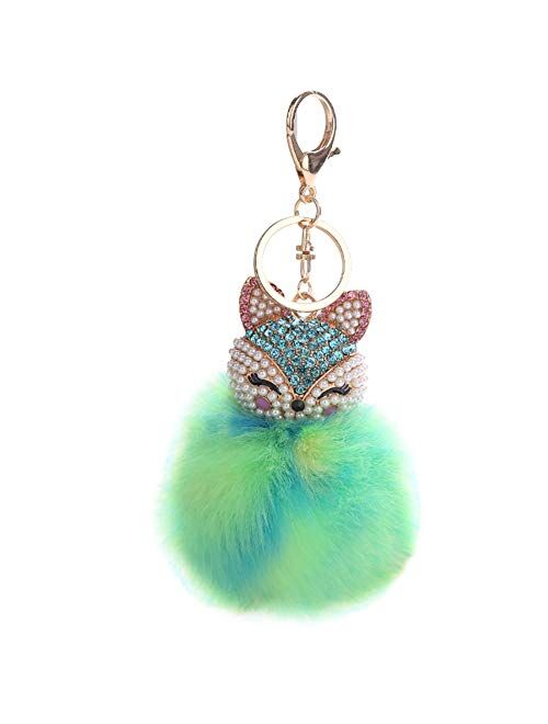 HXINFU Real Rabbit Fur Pom Pom Ball Keychain Fox Head Fluffy Ball Keychain