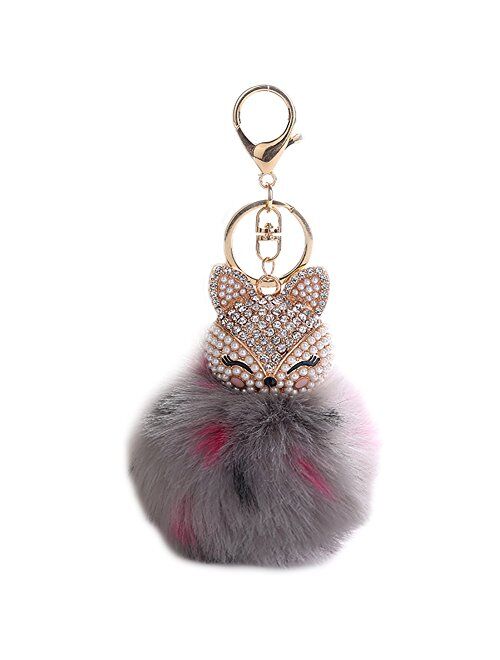 HXINFU Real Rabbit Fur Pom Pom Ball Keychain Fox Head Fluffy Ball Keychain