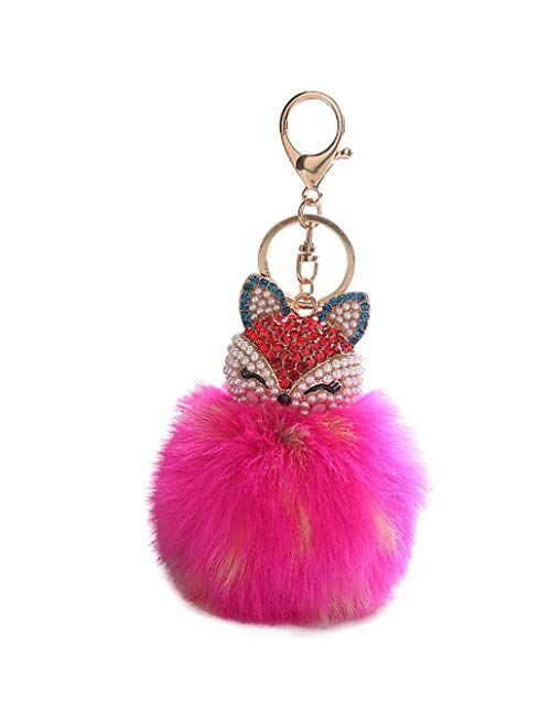 HXINFU Real Rabbit Fur Pom Pom Ball Keychain Fox Head Fluffy Ball Keychain