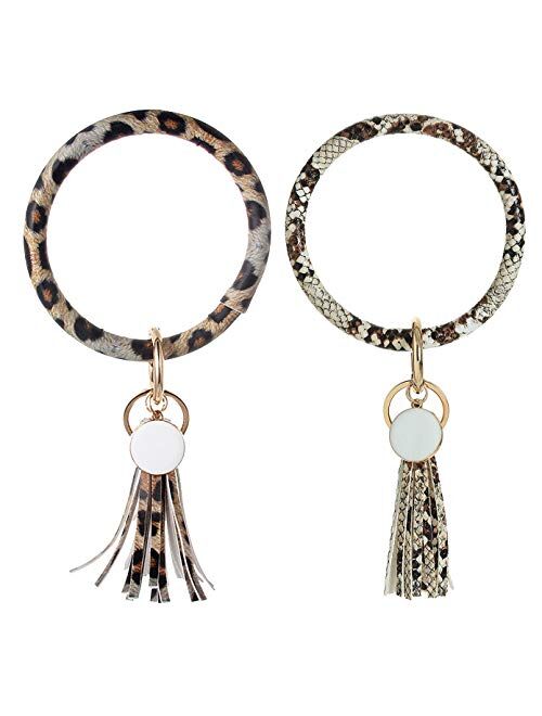 2PCS Leather Wristlet Keychain Bracelet Bangle Round Large Circle Tassel Key Ring Chain Bracelet Holder for Women Girls