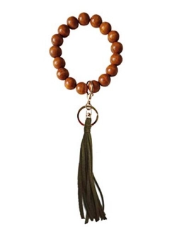 Loodial Wooden Bangle Key Ring Large Wood Beads Keychain Bracelets with Suede Tassel for Women Men