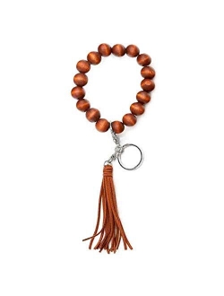 Loodial Wooden Bangle Key Ring Large Wood Beads Keychain Bracelets with Suede Tassel for Women Men
