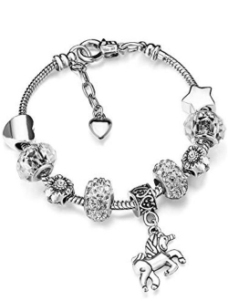 Zhanmai Unicorn Sparkly Crystal Charm Bracelet Bangle with Gift Box Set for Girl Lady