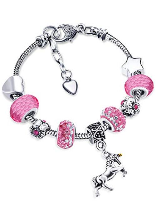 Zhanmai Unicorn Sparkly Crystal Charm Bracelet Bangle with Gift Box Set for Girl Lady