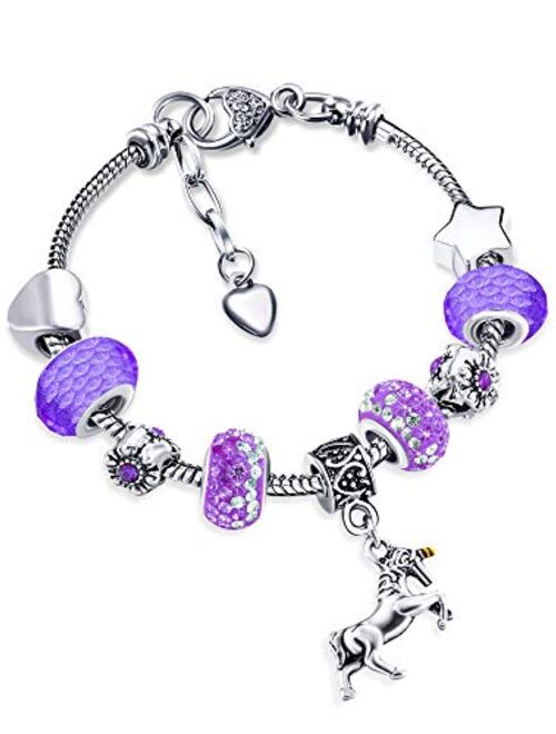 Zhanmai Unicorn Sparkly Crystal Charm Bracelet Bangle with Gift Box Set for Girl Lady