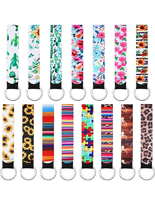 15 Pieces Neoprene Wristlet Keychain Wrist Lanyard Keychain Holder for Women Girls