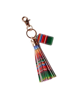 Lantintop Multicolor Monogram Leather Tassel Women Keychain Bag Pendant Alloy Car Key Chain Ring Holder Retro Jewelry