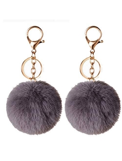 2PCS Faux Rabbit Fur Ball Pom Pom Keychain for Car Key Ring Phone Handbag Charm Tote Pendant