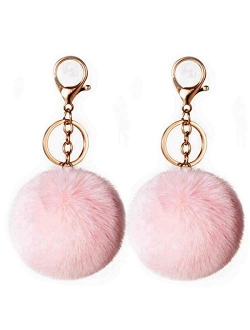 2PCS Faux Rabbit Fur Ball Pom Pom Keychain for Car Key Ring Phone Handbag Charm Tote Pendant