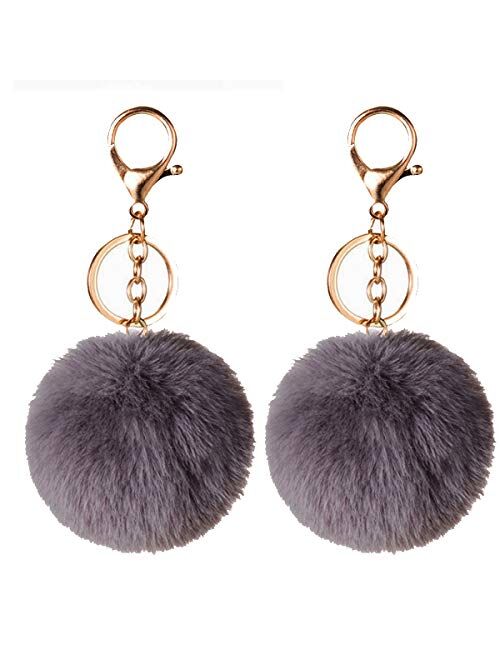 2PCS Faux Rabbit Fur Ball Pom Pom Keychain for Car Key Ring Phone Handbag Charm Tote Pendant