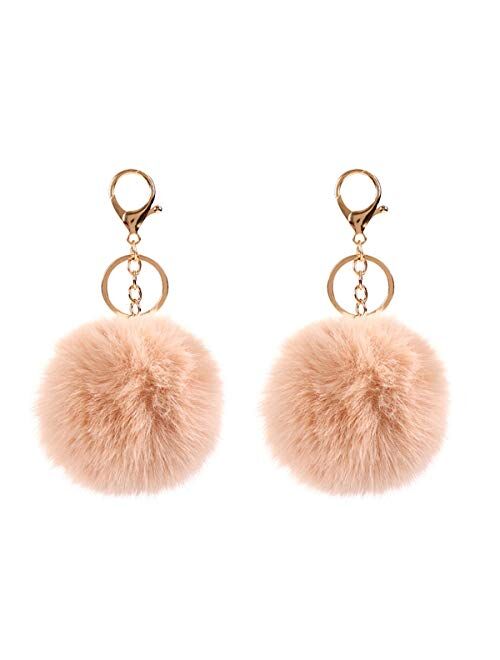 2PCS Faux Rabbit Fur Ball Pom Pom Keychain for Car Key Ring Phone Handbag Charm Tote Pendant