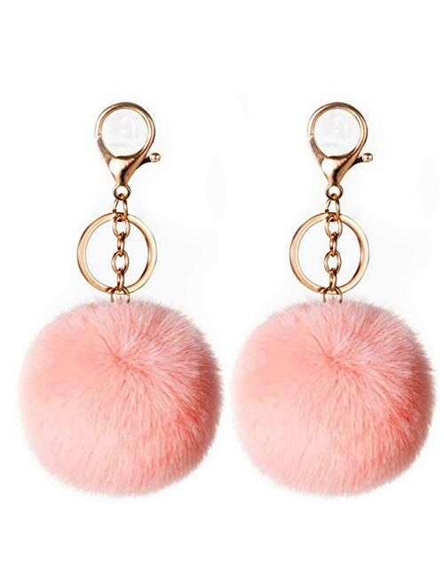 2PCS Faux Rabbit Fur Ball Pom Pom Keychain for Car Key Ring Phone Handbag Charm Tote Pendant