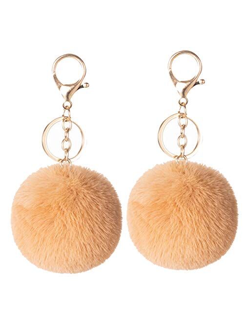 2PCS Faux Rabbit Fur Ball Pom Pom Keychain for Car Key Ring Phone Handbag Charm Tote Pendant