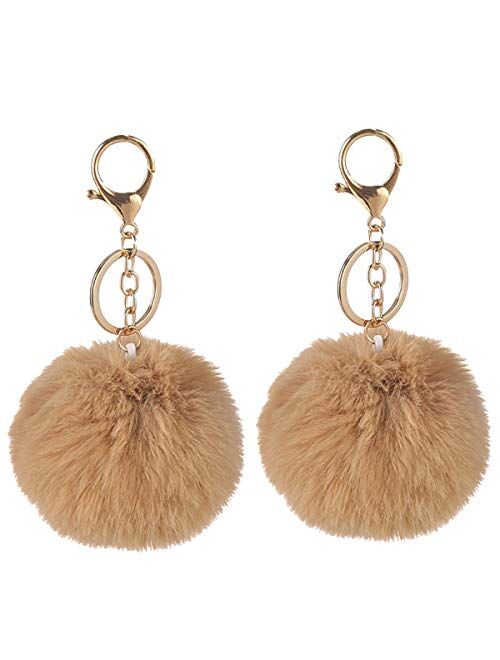 2PCS Faux Rabbit Fur Ball Pom Pom Keychain for Car Key Ring Phone Handbag Charm Tote Pendant