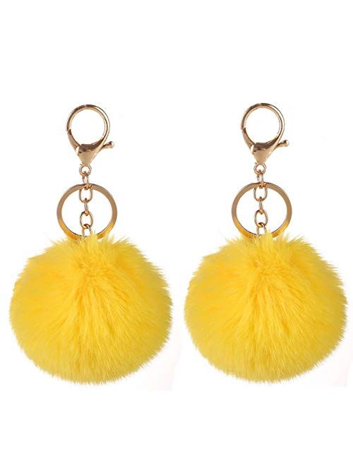 2PCS Faux Rabbit Fur Ball Pom Pom Keychain for Car Key Ring Phone Handbag Charm Tote Pendant