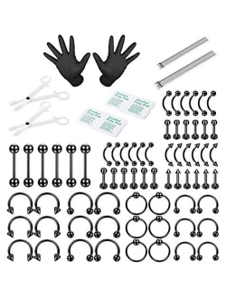 ORAZIO 84PCS Professional Piercing Kit Stainless Steel 14G 16G Belly Tongue Tragus Nipple Lip Nose Ring Body Jewelry