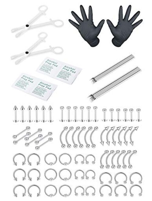 ORAZIO 84PCS Professional Piercing Kit Stainless Steel 14G 16G Belly Tongue Tragus Nipple Lip Nose Ring Body Jewelry