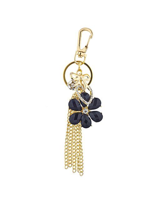 Lux Accessories Women's Bag Charm Fabric PU Boho Tassel Pave Keychain Key Ring