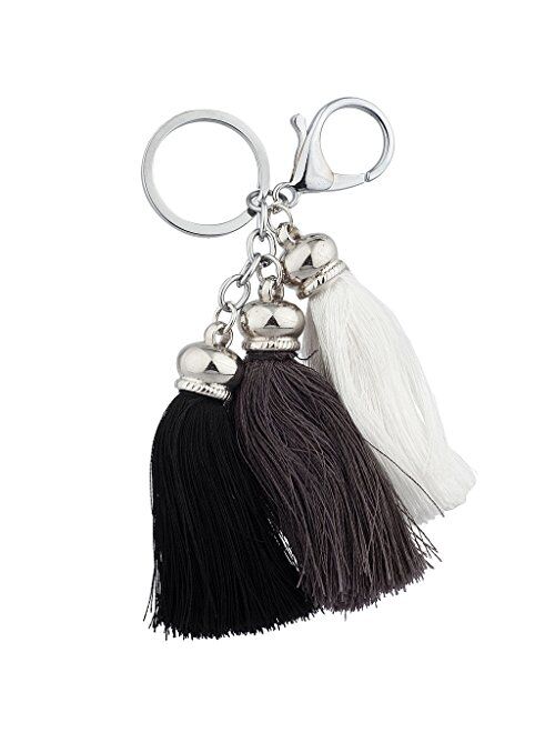 Lux Accessories Women's Bag Charm Fabric PU Boho Tassel Pave Keychain Key Ring