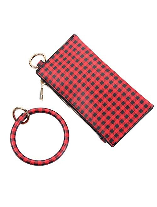 Women's keyring bracelets wristlet keychain,Pu Zipper Clutch Purse with buffalo plaid bangle keychain