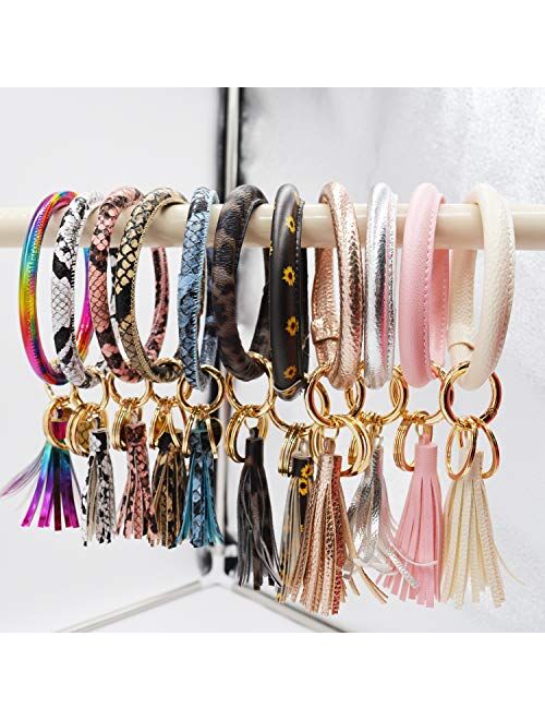 Bracelet Bangle Keyring Wristlet Keychain Large Circle Key Ring Pu Leather Tassel Key Holder for Women Girl - Upgraded Brass