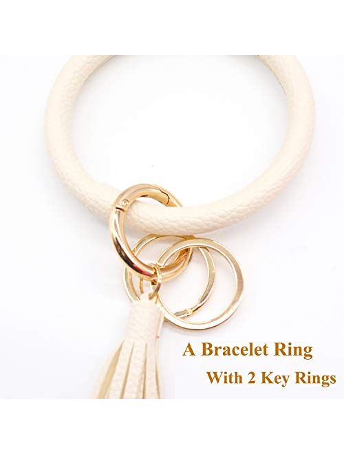 Bracelet Bangle Keyring Wristlet Keychain Large Circle Key Ring Pu Leather Tassel Key Holder for Women Girl - Upgraded Brass