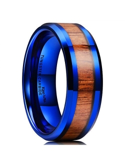 King Will Nature Koa Wood Inlay Tungsten Carbide Wedding Ring 8mm Rose Gold/Blue/Black/Silver High Polished Comfort Fit