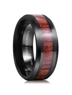 King Will Nature Koa Wood Inlay Tungsten Carbide Wedding Ring 8mm Rose Gold/Blue/Black/Silver High Polished Comfort Fit