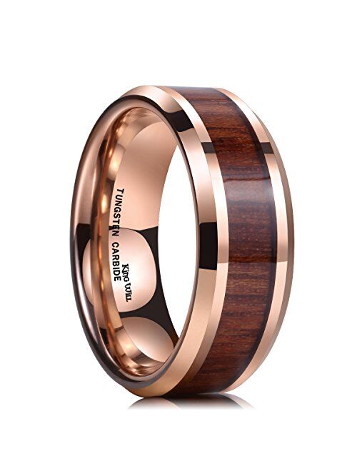 King Will Nature Koa Wood Inlay Tungsten Carbide Wedding Ring 8mm Rose Gold/Blue/Black/Silver High Polished Comfort Fit