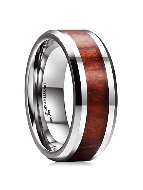 King Will Nature Koa Wood Inlay Tungsten Carbide Wedding Ring 8mm Rose Gold/Blue/Black/Silver High Polished Comfort Fit