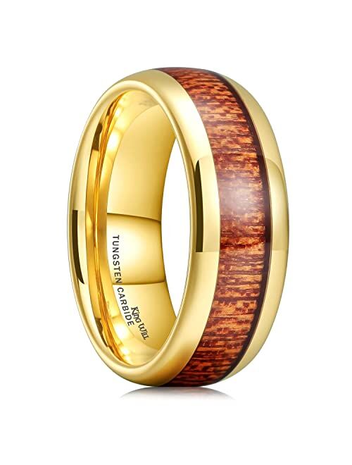 King Will Nature Koa Wood Inlay Tungsten Carbide Wedding Ring 8mm Rose Gold/Blue/Black/Silver High Polished Comfort Fit