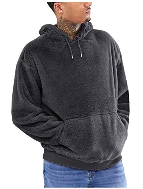 Poriff Men's Pullover Casual Double Fuzzy Pile Fleece Fluffy Hoodies