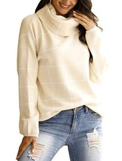 futurino Women's High Neck Turtleneck Grid Pattern Knitted Sweaters Pullover