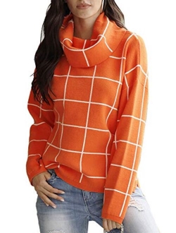 futurino Women's High Neck Turtleneck Grid Pattern Knitted Sweaters Pullover