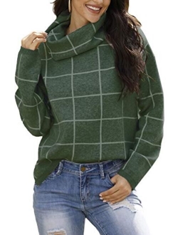 futurino Women's High Neck Turtleneck Grid Pattern Knitted Sweaters Pullover