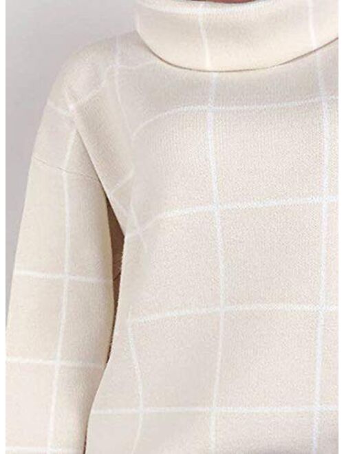 futurino Women's High Neck Turtleneck Grid Pattern Knitted Sweaters Pullover