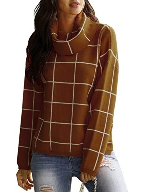 futurino Women's High Neck Turtleneck Grid Pattern Knitted Sweaters Pullover