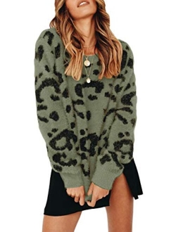 Saodimallsu Womens Leopard Crewneck Sweater Oversized Casual Loose Basic Sherpa Pullover Knit Jumper