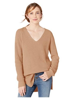 Women's Cotton Half-Cardigan Stitch Deep V-Neck Sweater