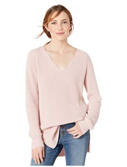 Women's Cotton Half-Cardigan Stitch Deep V-Neck Sweater