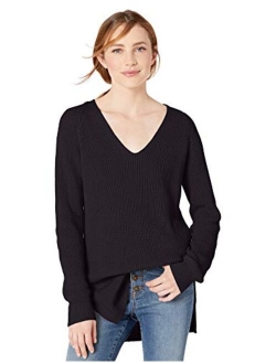 Women's Cotton Half-Cardigan Stitch Deep V-Neck Sweater