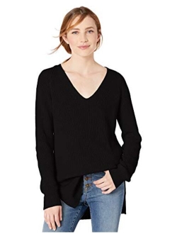 Women's Cotton Half-Cardigan Stitch Deep V-Neck Sweater