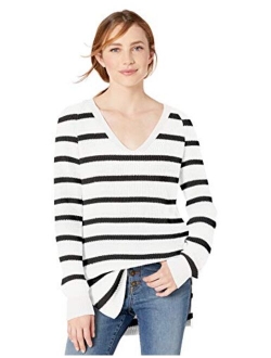 Women's Cotton Half-Cardigan Stitch Deep V-Neck Sweater