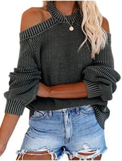 Womens Off Shoulder Sweaters Halter Cutout Back Loose Puff Long Sleeve Knit Pullover Jumper Tops